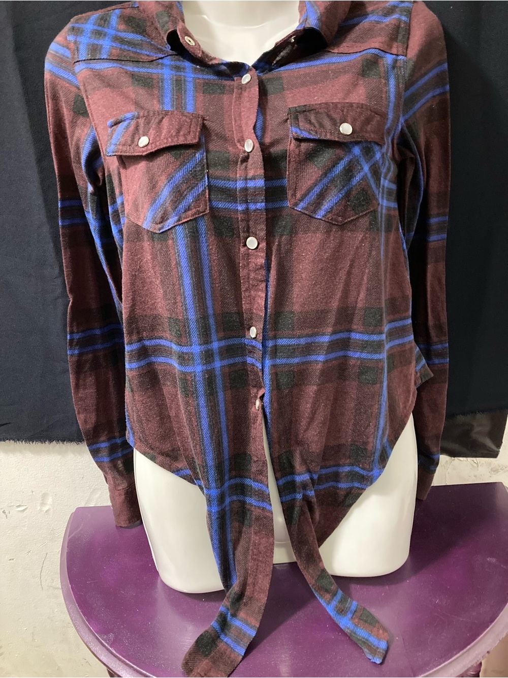Passport Plaid Flannel Shirt Burgundy Blue Snap Button XS